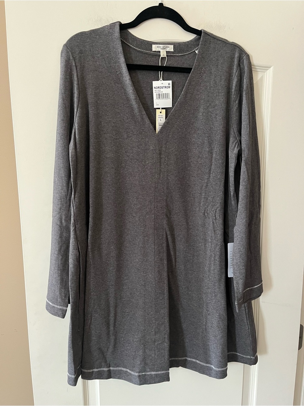 Max Studio Charcoal Gray V-Neck Long Sleeve Knee Length Dress w Pockets SZ L